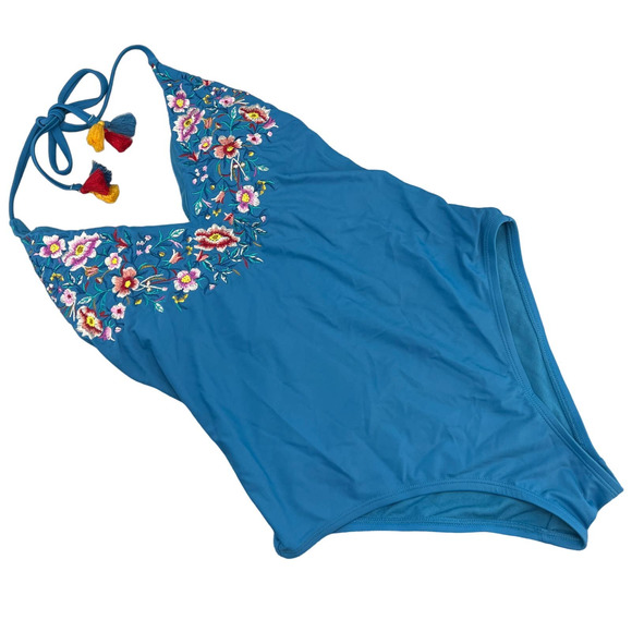 Wallflower Emily Embroidered Flower One-Piece Halter Swimsuit - Blue-Women Small - Picture 2 of 8